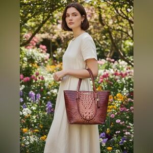 BRAHMIN medium Asher tote, croc embossed leather, pink and red, handles, zip top